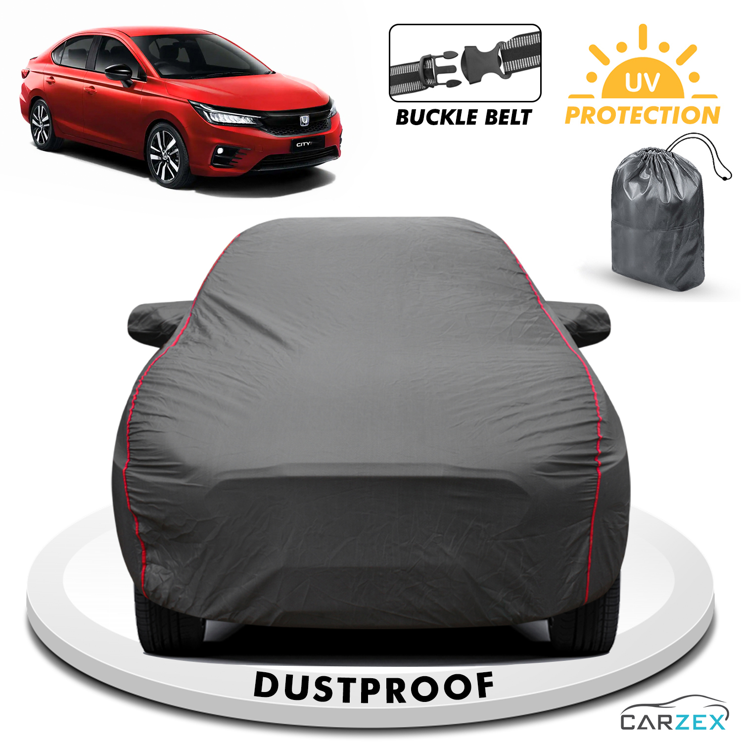 Carzex 2x2 Heavy Duty Red Border Car Body Cover Without Antenna For Honda City 2011-2016